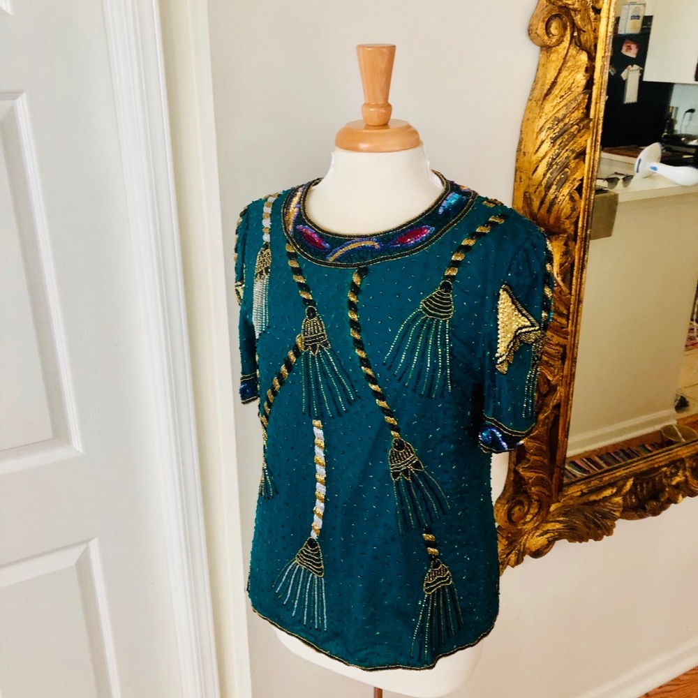 Laurence Kazar Teal Beaded Top with Gold and Silver Accents
